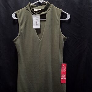 NWT pinc Mock Neck Keyhole Slit Dress Women's L Olive Green Maxi Sleeveless